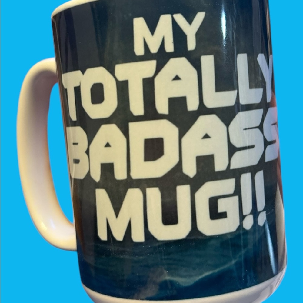 Blue and White Mug with Bold Text